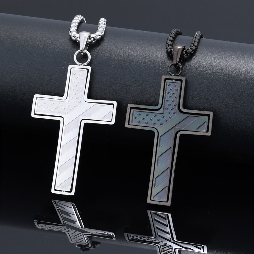 Rotating American Flag Cross Pendant Necklace