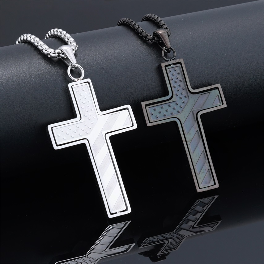 Rotating American Flag Cross Pendant Necklace