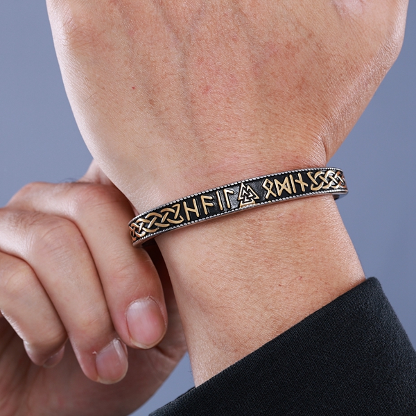 Gold Nordic Viking Runes Cuff Bangle F0412